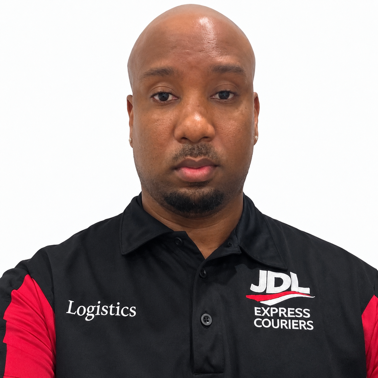 Jevaughn Laing wearing a black and red JDL Express Couriers polo shirt