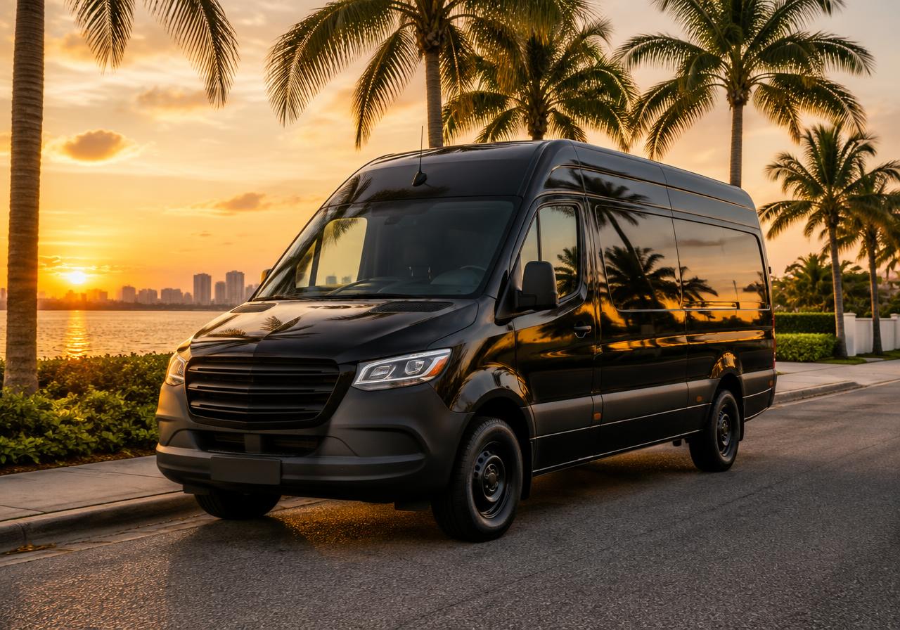 Courier van on a palm-lined Florida street at sunset