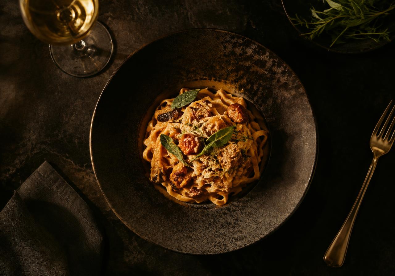A plated pasta dish in warm light